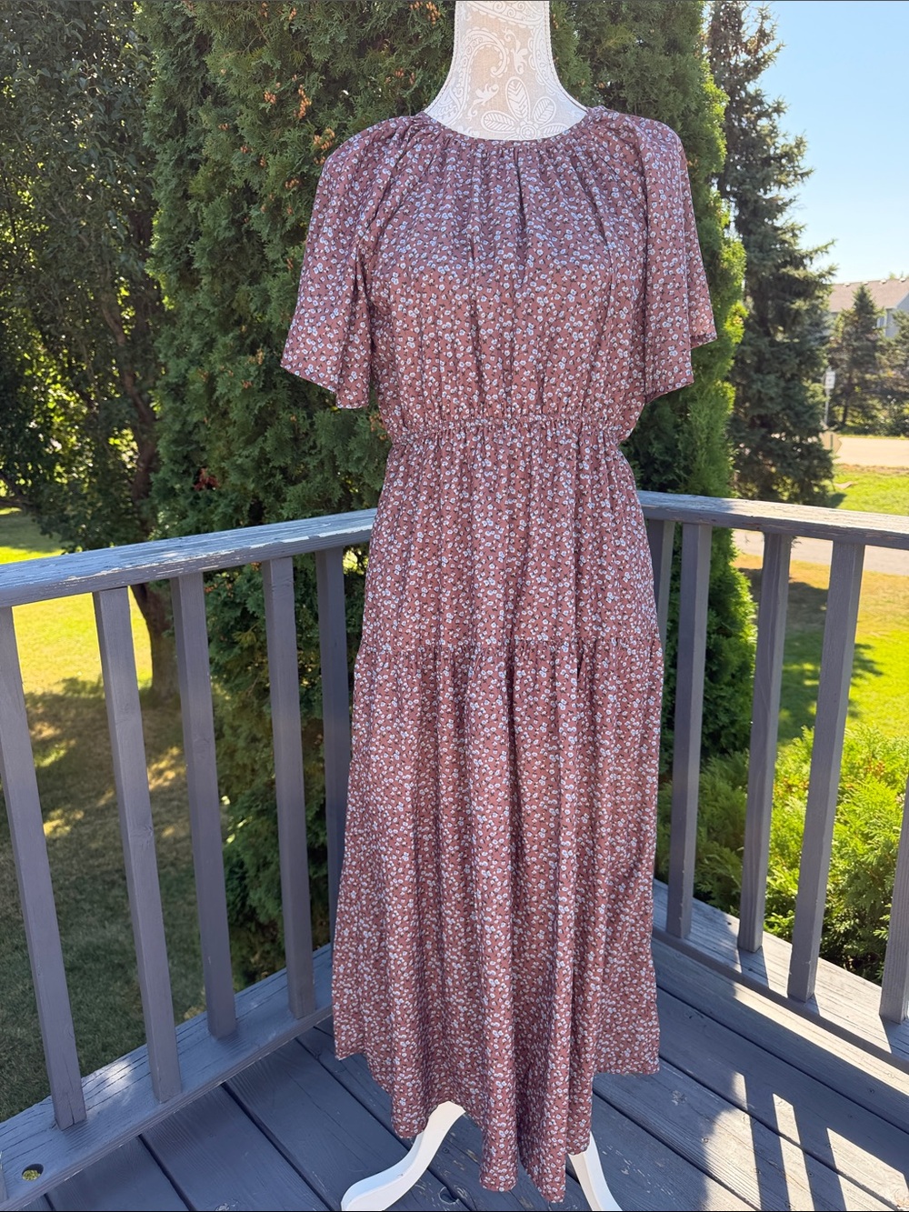Boho Floral Tiered Maxi Dress brown/blue SZ M